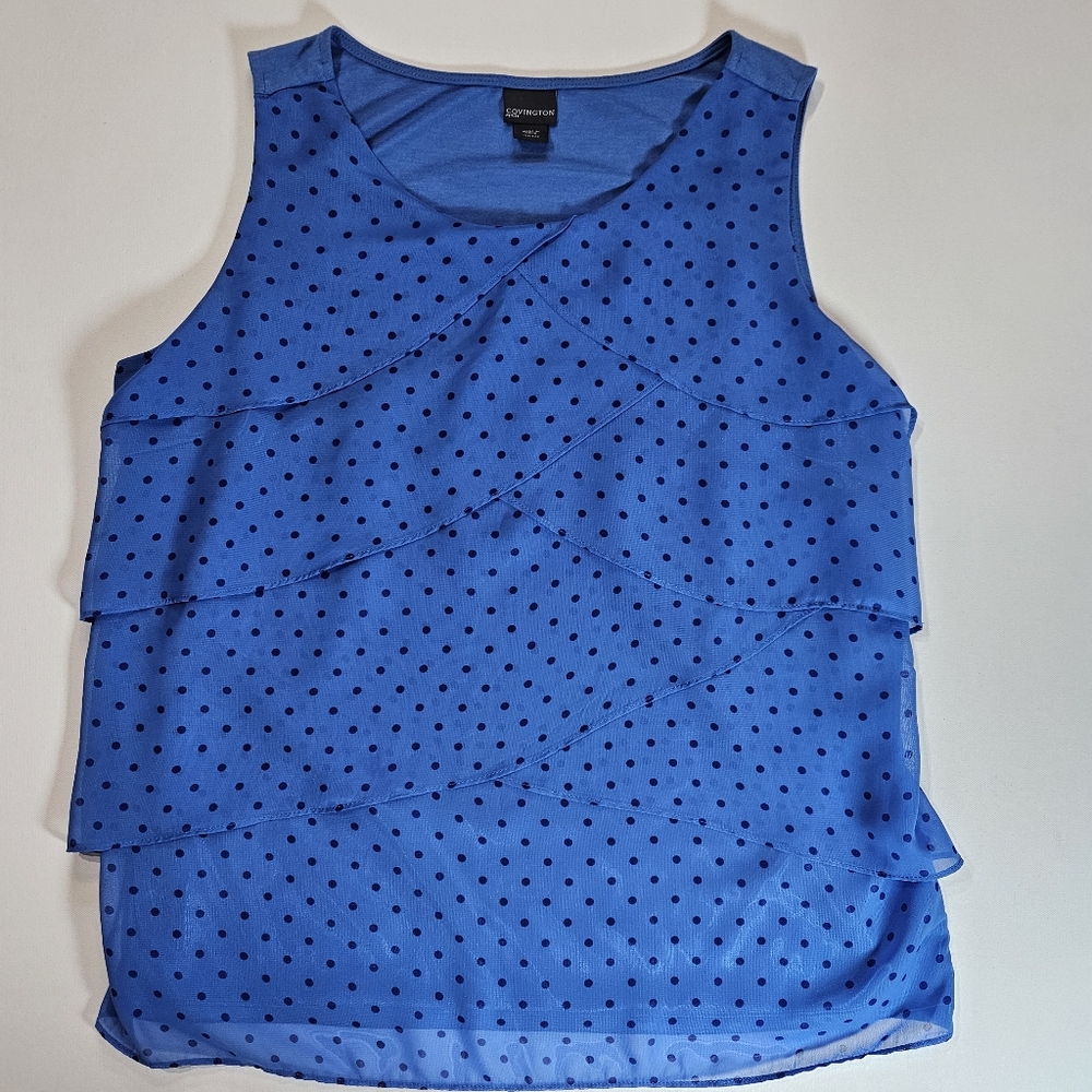 Covington Blouse Womens XLP Blue Black Polka Dot Sleeveless Tiered Layered‎ Top